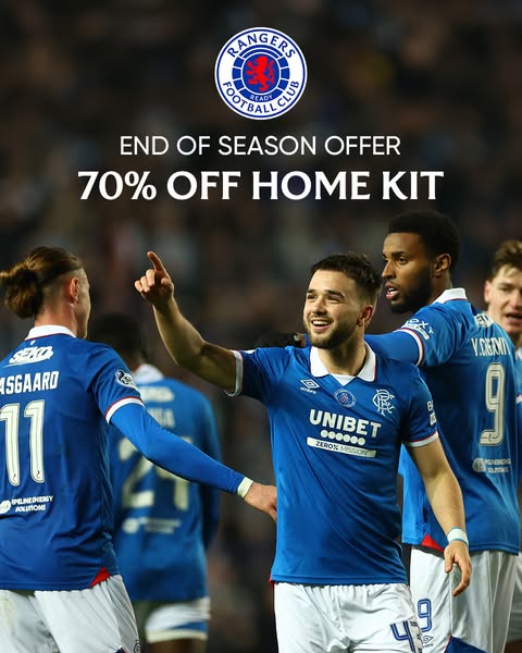 This image ad promotes a 70% discount on the Rangers Football Club home kit. It features a group of players in their kit