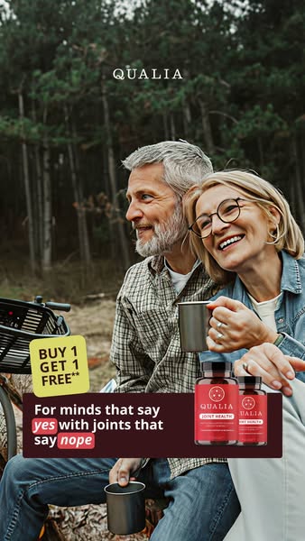An image ad for Qualia Joint Health supplements, promoting a buy-one-get-one-free offer. The ad features an older couple