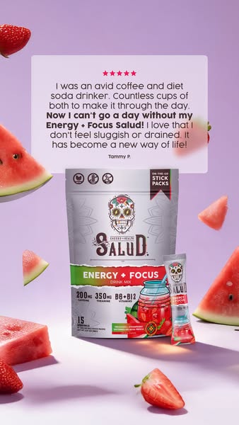 This image ad features a testimonial for Salud's Energy + Focus drink mix, emphasizing its ability to replace coffee