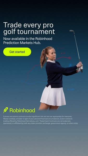 The image ad is for Robinhood's prediction markets hub, which allows users to trade on professional golf tournaments