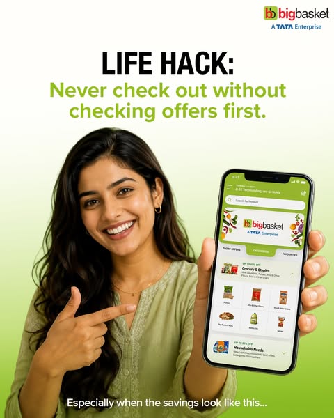This BigBasket ad aims to showcase their grocery & staples products, alongside their household needs offerings. The 