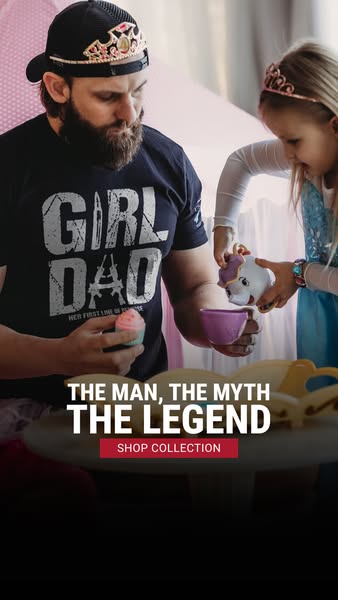 An image ad featuring a father and daughter playing tea party, and promoting a t-shirt from the brand Nine Line Apparel,
