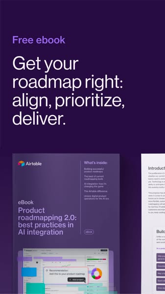 This ad promotes a free ebook from Airtable about product roadmapping. The ad highlights the ebook's focus on aligni