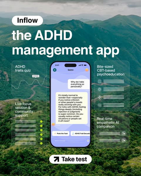 This ad for Inflow, the ADHD management app, highlights key features like ADHD traits quiz, bite-sized CBT-based psychoe