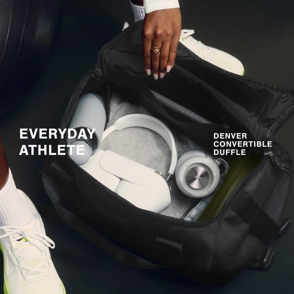 This ad showcases a Denver Convertible Duffle Bag from the brand Everyday Athlete. The image shows the bag and some of i