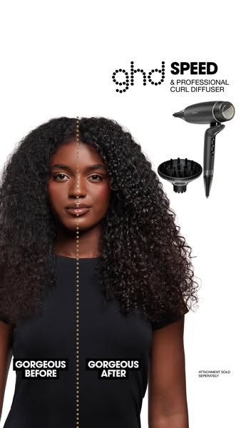 This ad showcases the ghd Speed & Professional Curl Diffuser. It features a split-screen visual of a model's hai