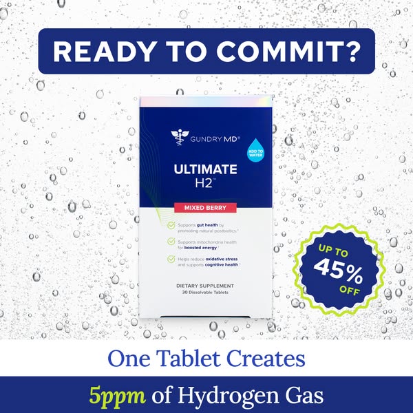 This ad promotes Gundry MD Ultimate H2, a dietary supplement in dissolvable tablet form that supports gut health, mitoch