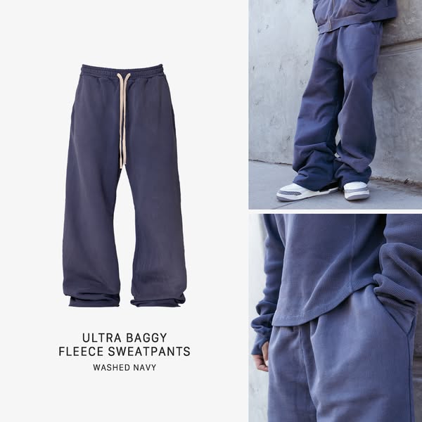 This ad features an image of a pair of "Ultra Baggy Fleece Sweatpants" in "Washed Navy". The ad is d