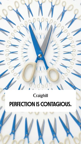 This ad features a visually striking arrangement of scissors, drawing attention to the brand Craighill. The layout creat