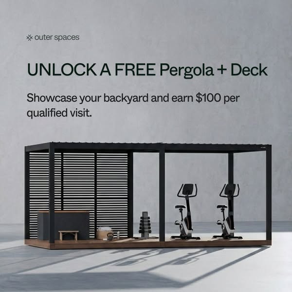 This image ad promotes Outer Spaces, highlighting an offer for a free pergola and deck in exchange for showcasing one