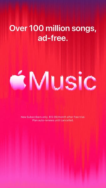 This ad for Apple Music highlights the availability of over 100 million ad-free songs for new subscribers at $12.99 per 