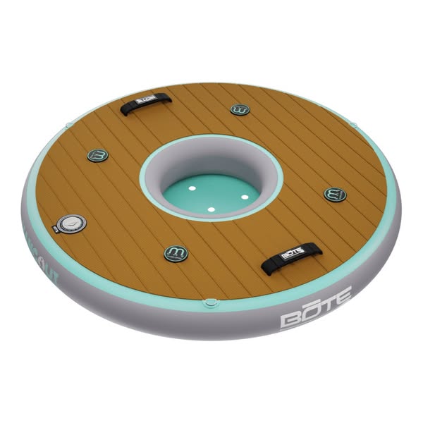 This ad showcases the BOTE Hangout inflatable floating dock, highlighting its design and features for relaxation on the 