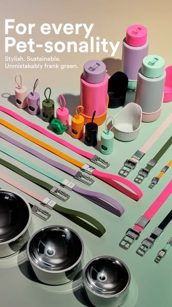 This ad showcases frank green's line of stylish and sustainable pet accessories, including water bottles, food bowls