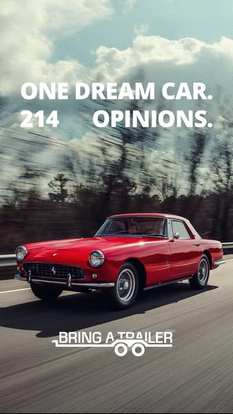 This image ad for Bring a Trailer features a red vintage Ferrari driving on a road. The ad's headline highlights the