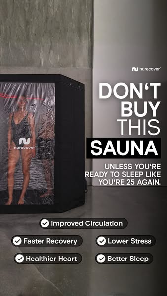 This ad uses an unexpected angle to promote a sauna. It features a woman inside the product, followed by a list of benef