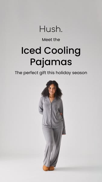 This ad features a woman wearing Hush Iced Cooling Pajamas. The ad highlights that the pajamas are the perfect gift for 