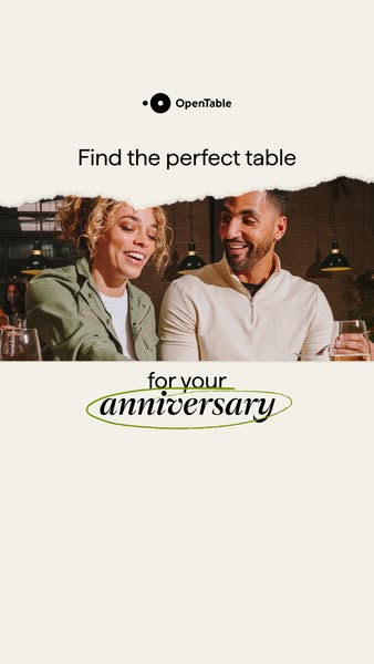 This image ad for OpenTable features a smiling couple at a restaurant to highlight the ease of booking a reservation for