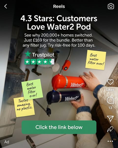 This ad promotes the Water2 Pod water filtration system, highlighting its superiority over filter jugs with endorsements