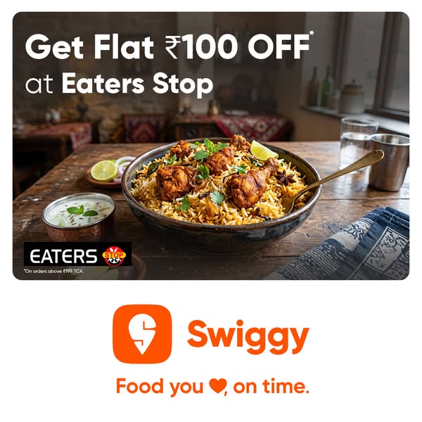 This ad showcases a food delivery app's offer of a flat discount at a restaurant, featuring a visually appealing ima