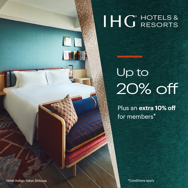 This image ad for IHG Hotels & Resorts advertises a discount of up to 20% off, with an additional 10% off for member