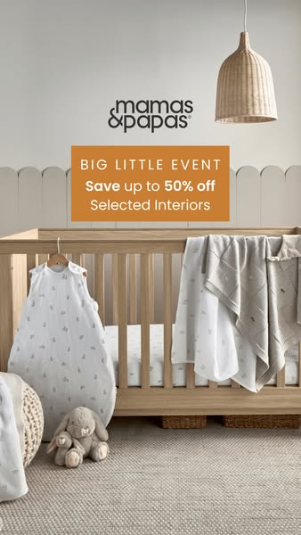 This image ad for Mamas & Papas promotes a sale on selected interiors. The ad features a cozy, neutral-toned nursery