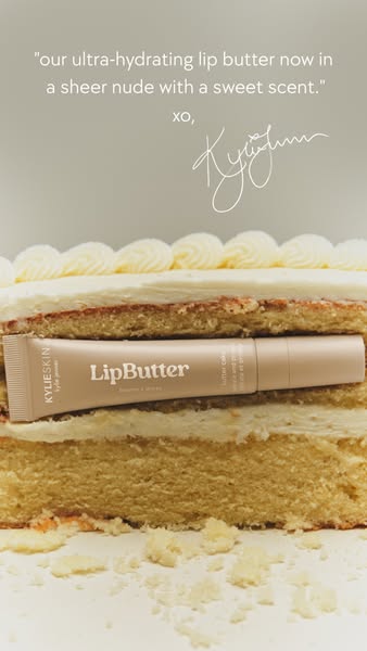 This ad features a KylieSkin LipButter on a cake. The ad highlights that the LipButter is 'ultra-hydrating,' com