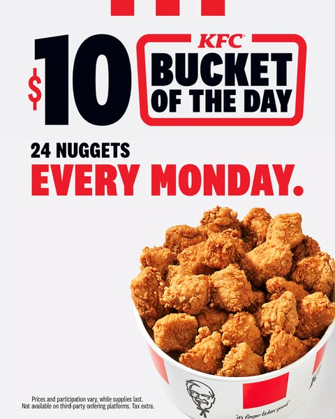 This ad promotes KFC's bucket of 24 nuggets available every Monday for $10.