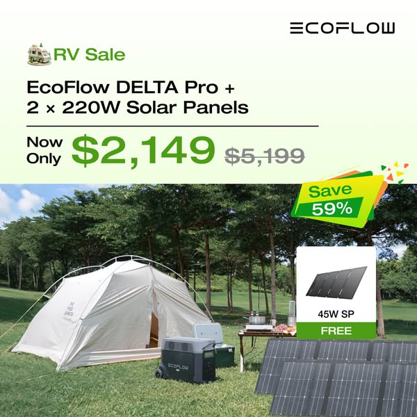 The image promotes a sale on the EcoFlow DELTA Pro and 2 x 220W Solar Panels. It features a campsite setup powered by th