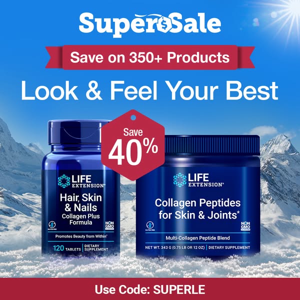 This ad promotes Life Extension's Hair, Skin & Nails Collagen Plus Formula and Collagen Peptides for Skin & 