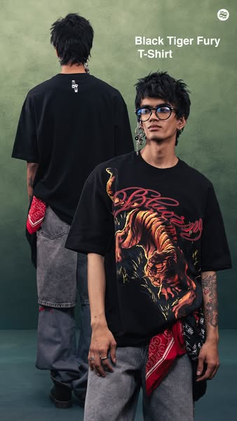 This ad features a model wearing a 'Black Tiger Fury' T-shirt by an apparel brand. The creative is designed to a