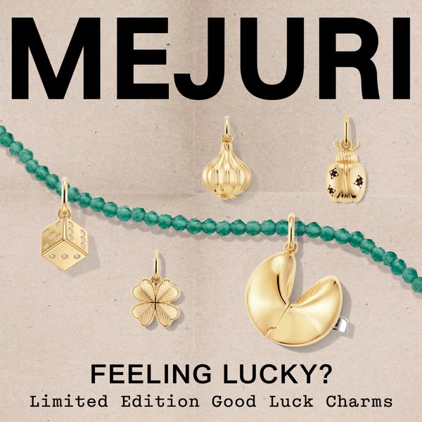 This image ad for Mejuri features a variety of gold charms from their new limited edition collection of good luck charms