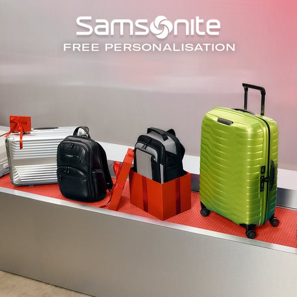 This ad showcases a variety of Samsonite luggage and bags, highlighting the option for free personalization.