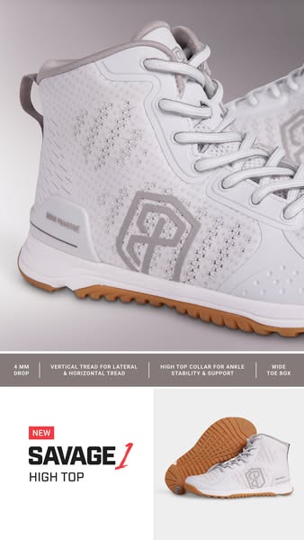 This ad showcases the new Savage 1 High Top shoe, highlighting its features such as the 4mm drop, vertical and horizonta