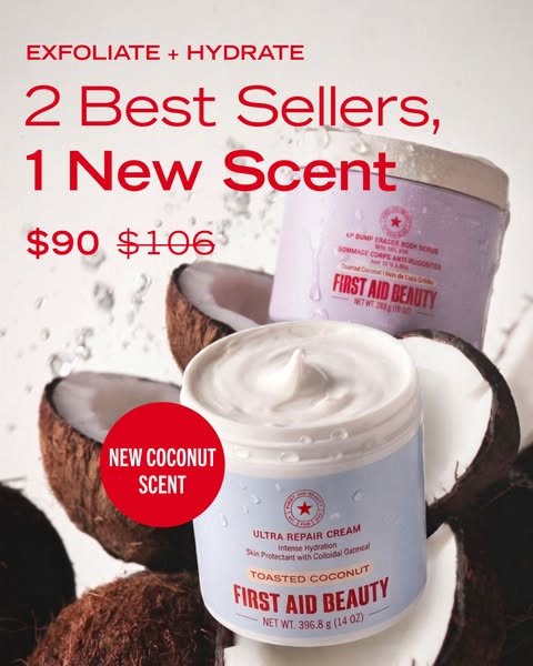 This ad from First Aid Beauty advertises a bundle deal for two of their best-selling products - the Ultra Repair Cream i