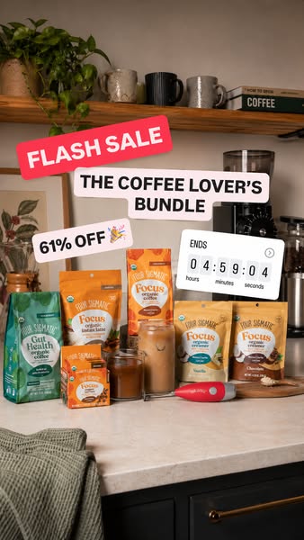 This ad promotes a flash sale for the coffee lover's bundle from Four Sigmatic, highlighting a 61% discount and feat
