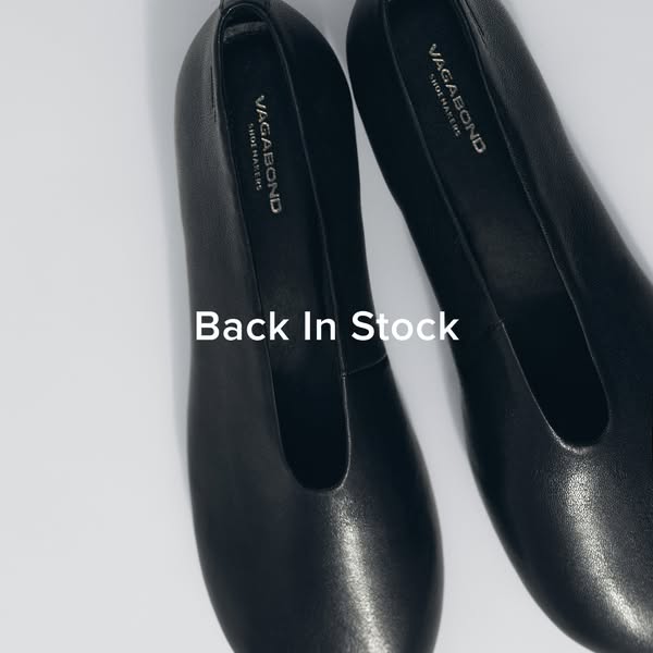 This is an ad for Vagabond Shoemakers featuring a close-up shot of their back-in-stock shoes.