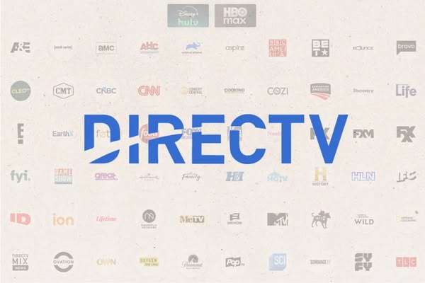 The ad showcases the DIRECTV logo in blue against a background featuring the logos of various TV channels and streaming 