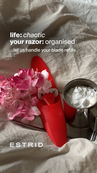 This ad highlights the benefit of Estrid blade refills by contrasting a chaotic life with the organized razor, emphasizi