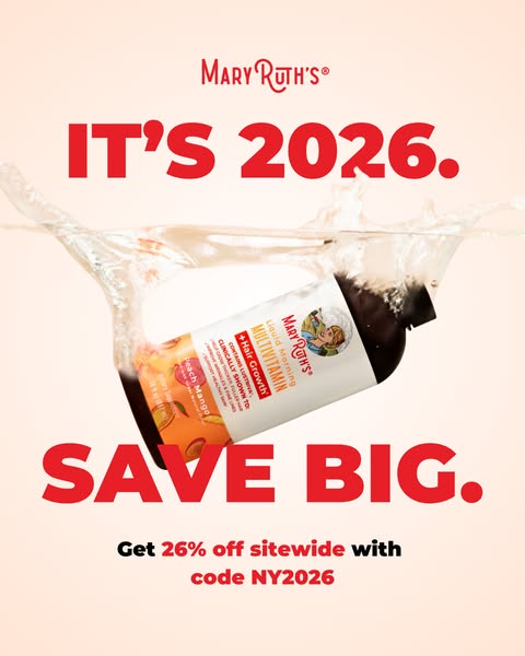 This image ad for Mary Ruth's promotes their Liquid Morning Multivitamin + Hair Growth product with a 26% off sitewi