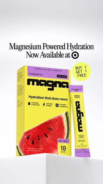 This ad showcases Magna, a magnesium-powered hydration product, highlighting its availability at Target and a 'Buy 1