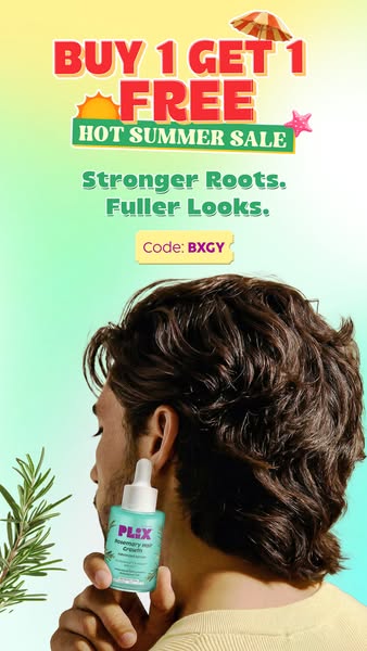 This image ad for Plix advertises a buy one get one free summer sale. The ad features a man holding a bottle of Rosemary