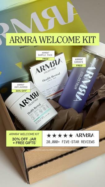 This ad showcases the Armra Welcome Kit, highlighting its contents and offering a discount and free gifts to encourage p
