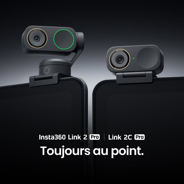 This ad showcases the Insta360 Link 2 Pro and Link 2C Pro webcams, highlighting their sleek design and professional-grad