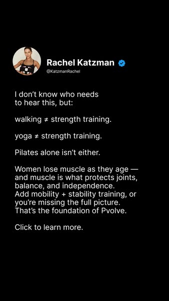 This ad, formatted as a social media post, is aimed at women and suggests that walking, yoga, and Pilates alone are not 