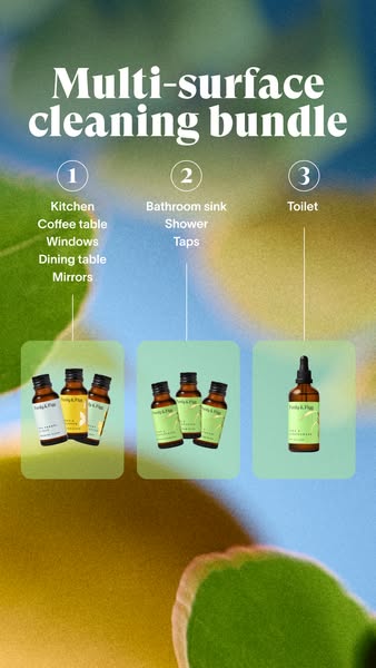 The ad features a multi-surface cleaning bundle targeting different household areas, displayed against a background of l