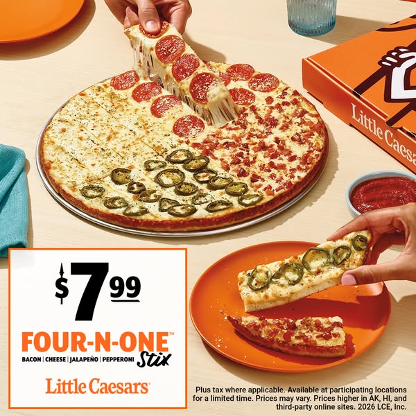 This ad showcases the Little Caesars Four-N-One Stix pizza. It is presented as an affordable option for consumers.