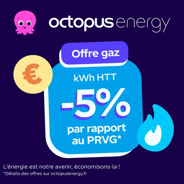 This ad promotes Octopus Energy's gas offer with a 5% discount compared to PRVG.