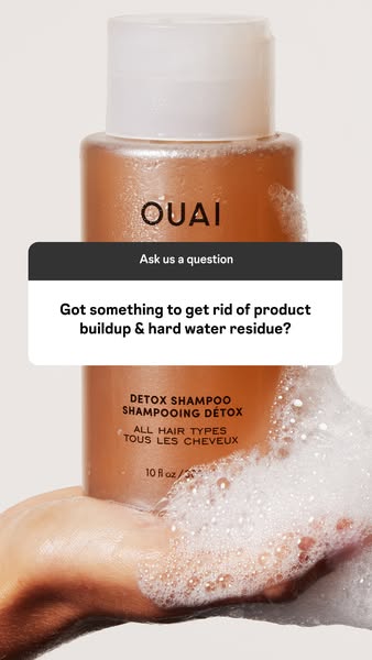 This ad features a bottle of OUAI Detox Shampoo covered in suds. The ad copy asks if the viewer has something to get rid