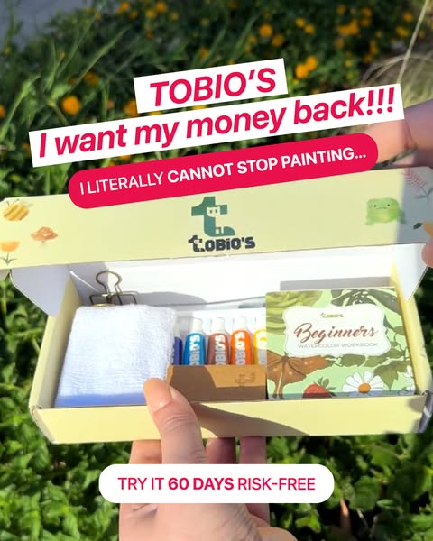 An ad featuring a customer testimonial to promote the Tobio's Beginner's Watercolor Workbook Kit. The customer c