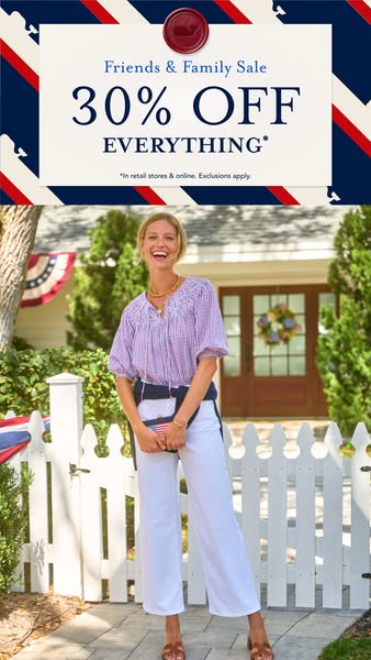 Image ad for Vineyward Vines 'Friends & Family Sale' offering 30% off everything, featuring a smiling woman